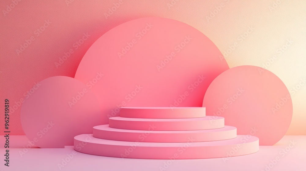Poster minimalist 3d pink podium steps with a pastel backdrop abstract geometric shapes rendered as an illu