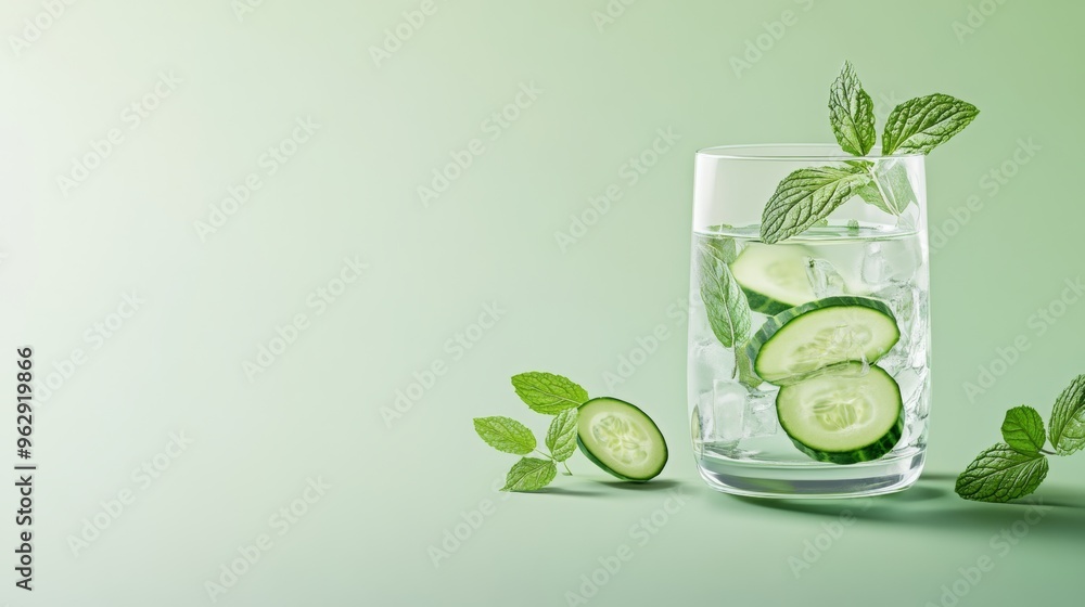 Poster a 3d single icon of a cool cucumber water in a glass with cucumber slices and mint leaves, depicted 