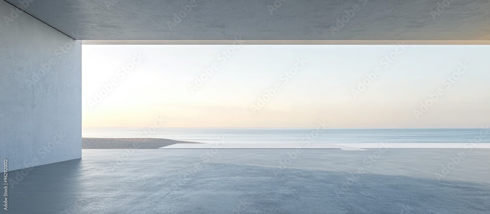Leinwandbilder Empty gray concrete floor in minimalist architecture 3D rendering of an abstract white structure with a backdrop of beach and sea