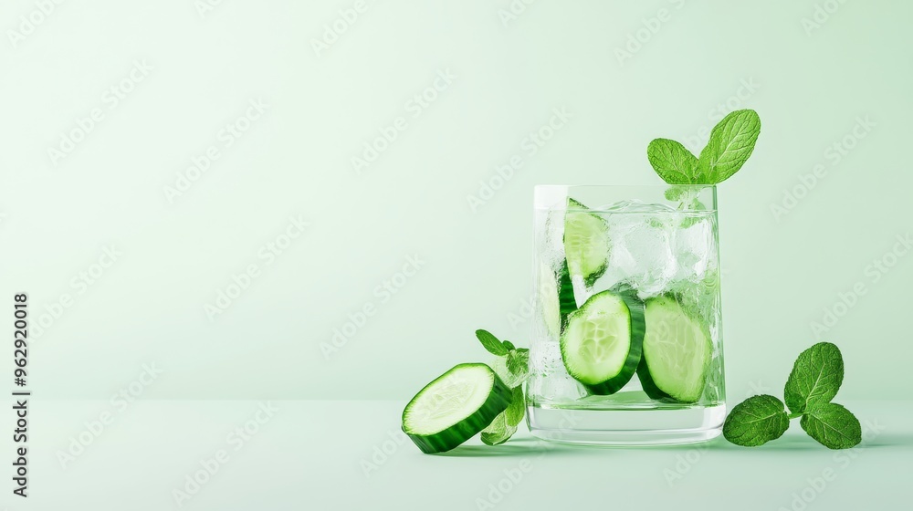 Poster a 3d single icon of a cool cucumber water in a glass with cucumber slices and mint leaves, depicted 