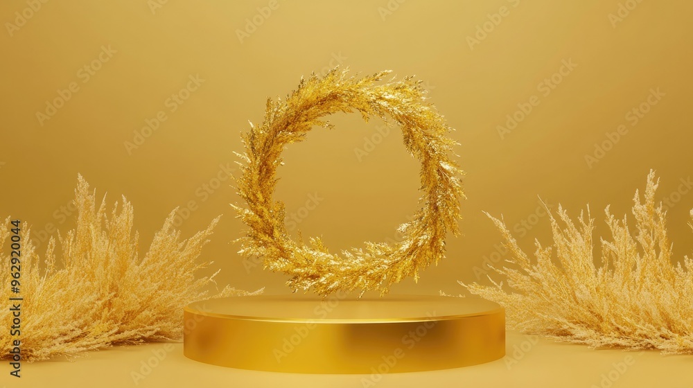 Aufkleber empty podium featuring a golden wreath in a gold themed composition for a modern stage display and m
