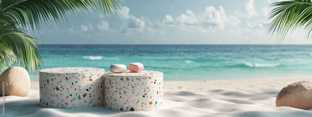 Poster summer beach backdrop featuring a terrazzo podium for showcasing products 3d rendering