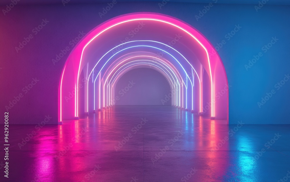 Poster futuristic architectural background featuring a glowing arched interior in 3d render