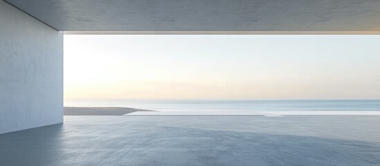 Empty gray concrete floor in minimalist architecture 3D rendering of an abstract white structure with a backdrop of beach and sea