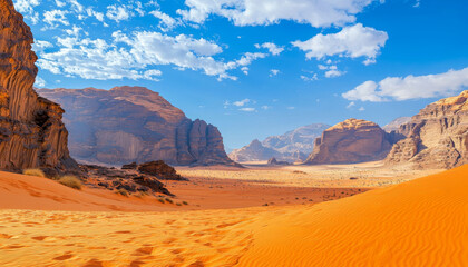 Naklejka premium A stunning desert landscape featuring orange sand dunes, rocky formations, and a bright blue sky with scattered clouds.
