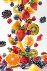 A Splash of Freshness: Colorful Fruits and Berries Falling in Mid-Air