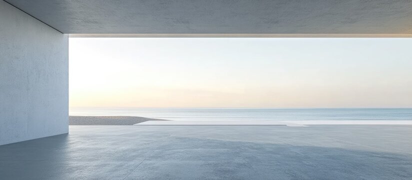 Empty gray concrete floor in minimalist architecture 3D rendering of an abstract white structure with a backdrop of beach and sea