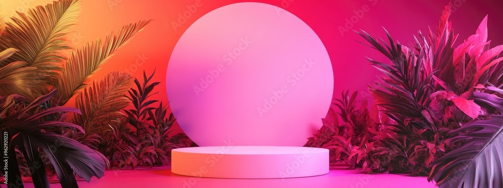 Poster square pink arch featuring a square opening accompanied by a white round podium display alongside ab