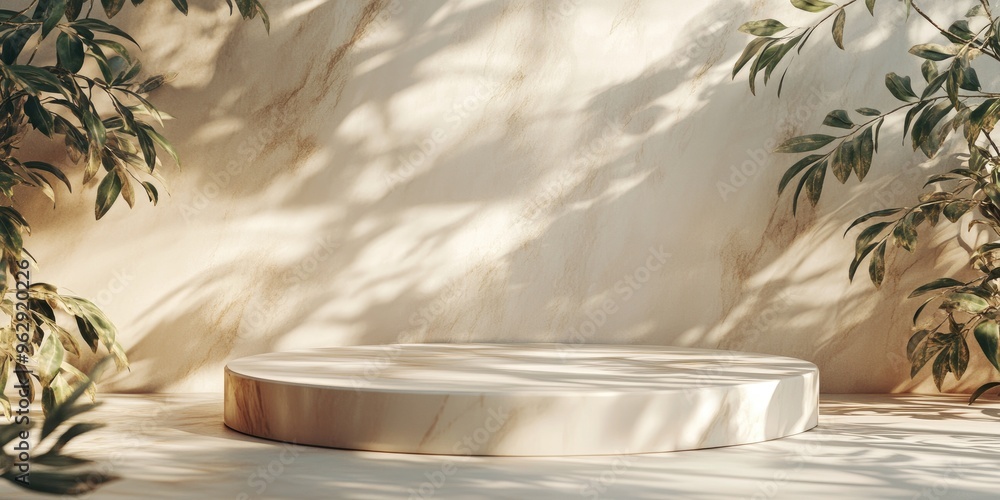 Poster product showcase podium featuring a marble backdrop and leaf shadows 3d visualization render 3d illu