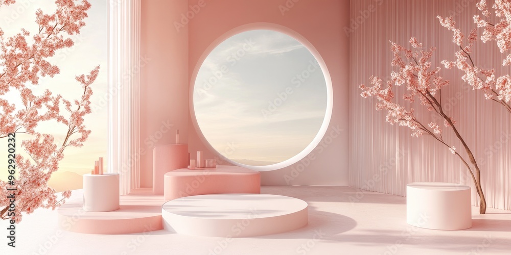 Aufkleber Pastel colored mock up scene featuring geometric podium shapes for showcasing products with an abstract backdrop 3D rendering and a stand designed for cosmetic items