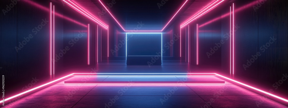 Poster abstract digital glowing laser beams in a retro dark corridor with an empty podium and neon gray ban