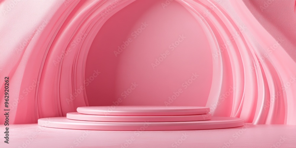 Poster product showcase pedestal featuring a pink abstract backdrop 3d rendering