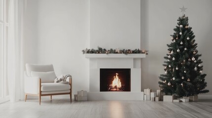 Christmas and happy new year postcard mock up with copy space, Holiday concept. Christmas tree, fireplace, armchair in Modern holiday room interior.