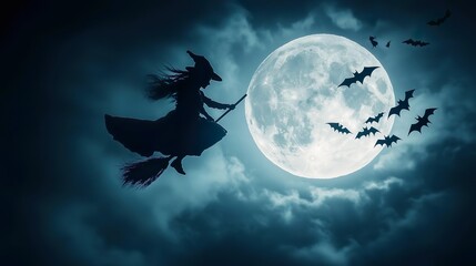 Witch flying across moon