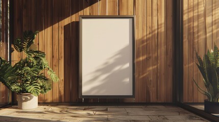 A blank, vertically-mounted poster board with shadowed sunlight filtering through wooden slats, surrounded by potted plants in a serene setting.
