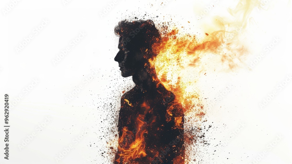 Poster a compelling image of a man's silhouette disintegrating into fiery sparks, symbolizing transformatio
