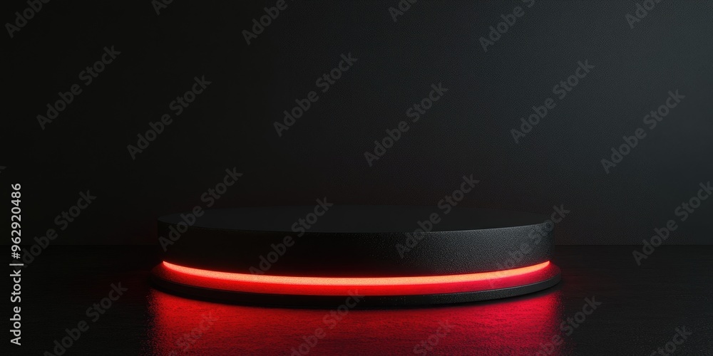 Poster black podium with red light emission against a dark background for advertising display 3d rendering