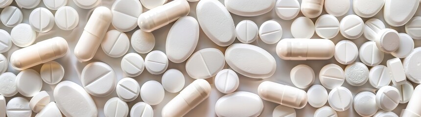 A close up of various white pills and capsules scattered on a white surface. The image is a great representation of the healthcare industry and medicine.