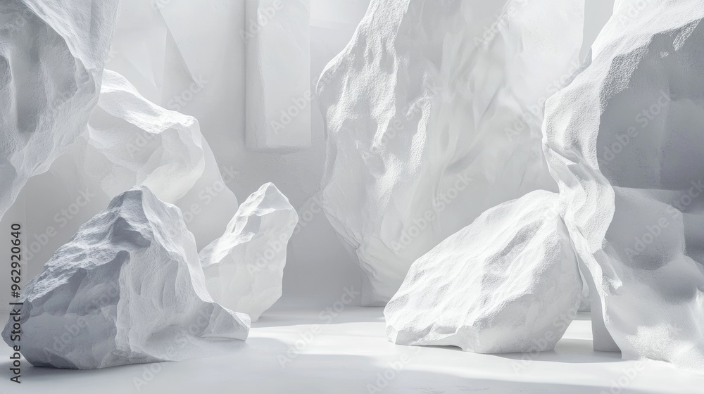 Poster abstract white geometric background featuring stone and rock shapes ideal for product display in 3d 