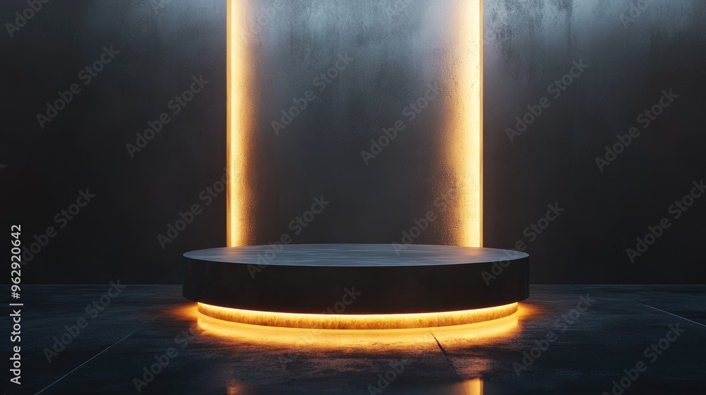 Poster Illuminated pedestal in an interior setting with blank space Concept for performance and presentation 3D rendering