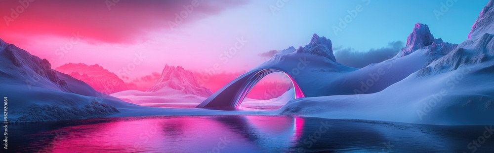 Poster surreal dreamlike landscape featuring abstract dunes in a winter setting with a geometric arch encha