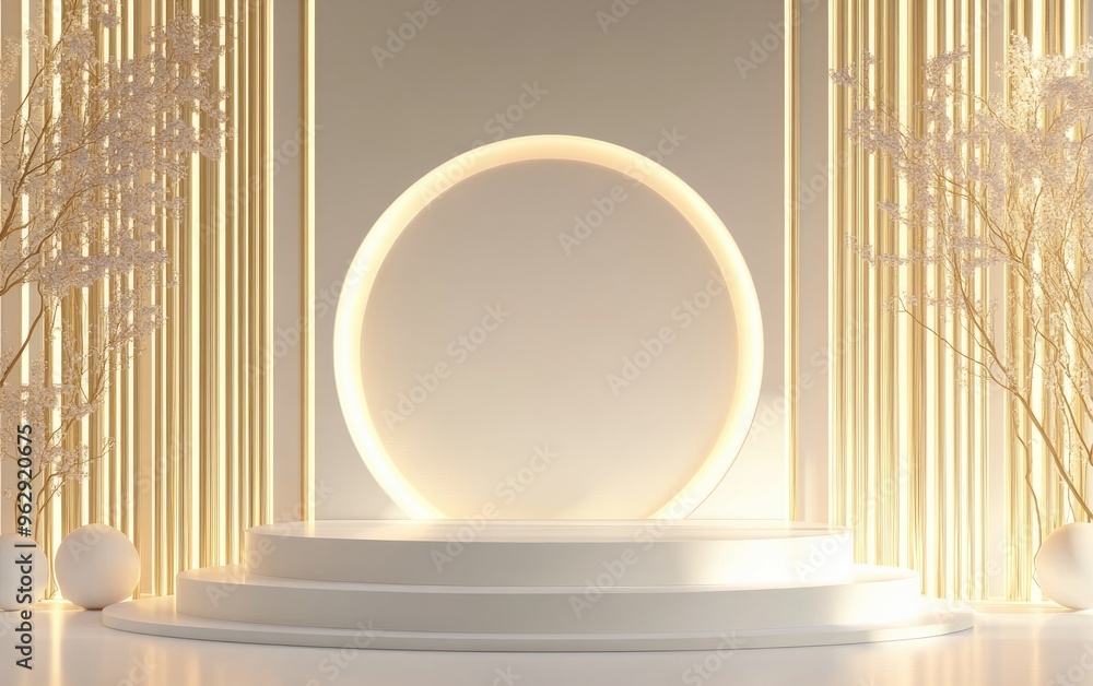 Aufkleber Abstract background featuring simple geometric shapes in white and gold designed with a podium for cosmetic product display and promotional presentation Ample blank space available 3D render illus