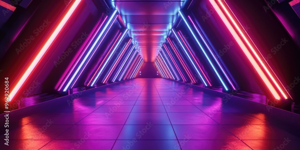 Poster vibrant laser triangle podium in purple red and blue neon fluorescent colors in a sci fi futuristic 
