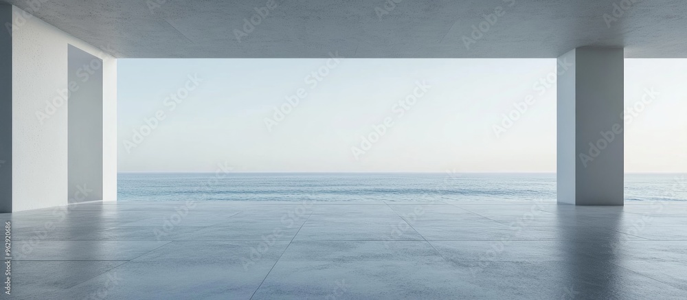 Poster Empty gray concrete floor in minimalist architecture 3D rendering of an abstract white structure with a backdrop of beach and sea