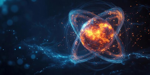 A stunning illustration of an atom with glowing particles and energy waves, representing scientific exploration and innovation.