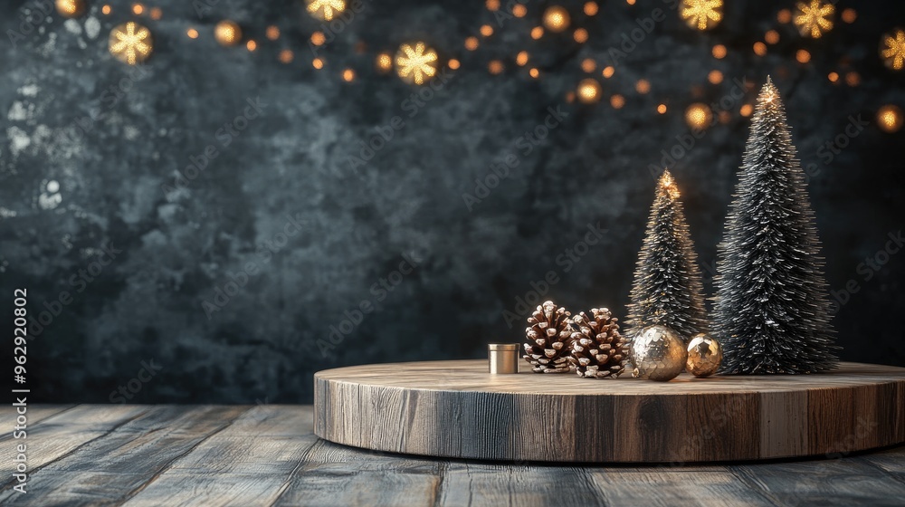 Poster festive background and display podium for product promotion on wooden tabletop 3d rendering