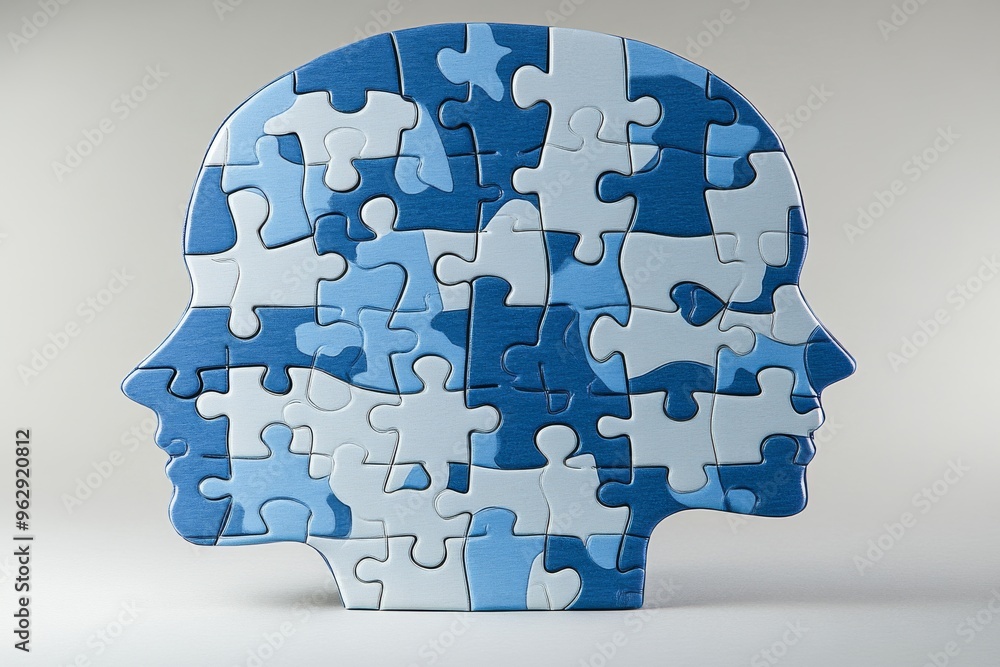Poster brain cognition neurotransmission puzzle shaped brain made from blue and white pieces symbolizing me