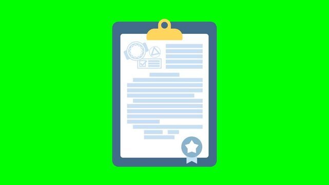 Folder with stamp and text. Contract paper. Document. Agreement document with signature and approval stamp. Document icon. 2D flat animation isolated on green. Chroma key. Alpha channel.	Looped video