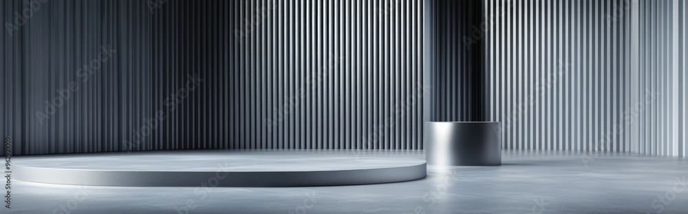 Aufkleber Sleek metal backdrop featuring a pedestal and podium in a studio setting 3D illustration and rendering