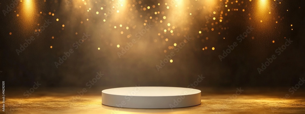 Aufkleber Illuminated round white pedestal on a gold background Abstract high quality 3D concept featuring spotlights Suitable for banners flyers or web design 3D rendering template