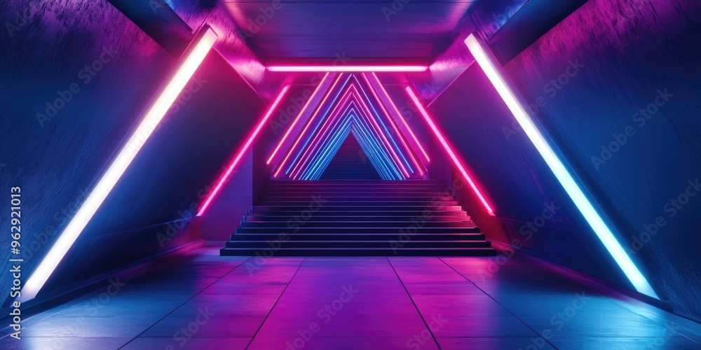Poster vibrant laser triangle podium in purple red and blue neon fluorescent colors in a sci fi futuristic 