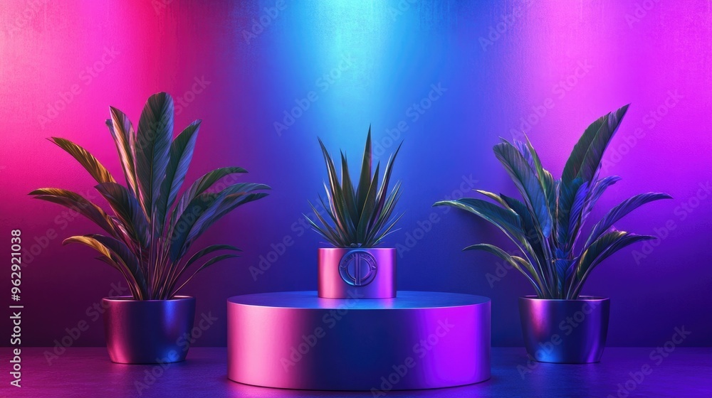 Poster Isolated metallic emblem on a podium surrounded by three plants under vibrant multi colored lighting Orthogonal projection 3D render