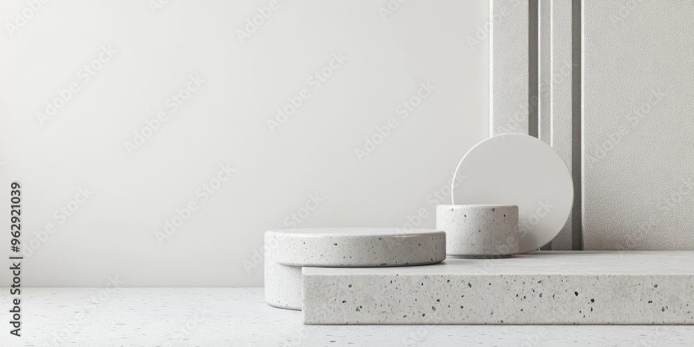 Aufkleber minimal abstract scene featuring geometric concrete pedestals against a white background designed fo