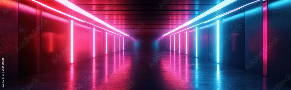 Poster Neon lights and beams illuminate a dim space Futuristic sci fi glowing effects 3D rendering