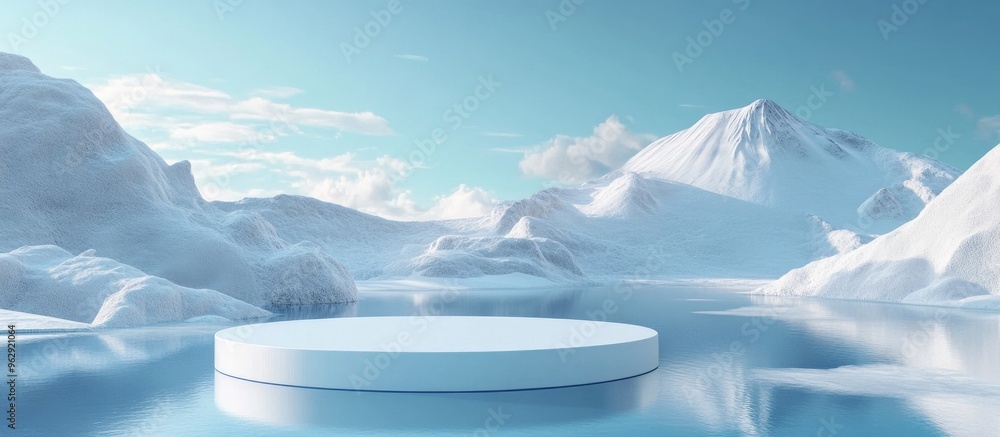 Poster abstract 3d rendering of a winter scene featuring a natural podium background with a white podium ag