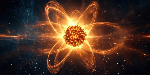 A vibrant depiction of an atom with radiant energy swirling around its nucleus, symbolizing scientific discovery and innovation.