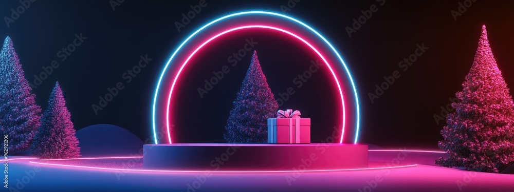 Poster christmas tree and gift box design for holiday decoration mock up podium for product display abstrac