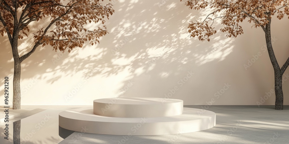 Poster Minimalist 3D display podiums set against a neutral background featuring shadow effects from trees Realistic rendering for product showcasing in an interior setting
