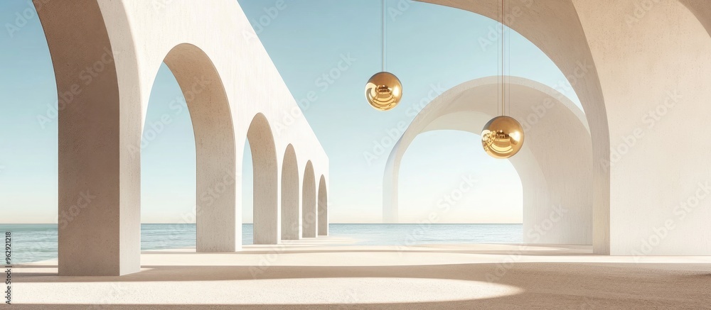 Aufkleber abstract architectural design featuring arches and suspended golden spheres set against a sandy beac