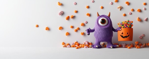Purple monster holding a pumpkin bucket filled with candy surrounded by Halloween treats
