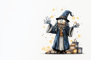 Quirky cartoon wizard with glowing magic, books, and art supplies on a minimalist background