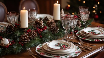 A beautifully set Christmas dinner table with holiday-themed decorations, candles, and a centerpiece of pine cones and holly