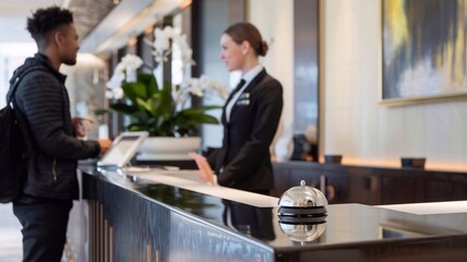 Modern luxury Hotel Reception Counter desk with Bell. Service Bell locating at reception. Silver Call Bell on table, Receptionists andcustomer on background. Сheck in hotel. Concept