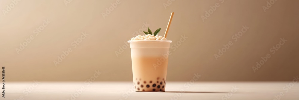 Poster a 3d single icon of a glass of bubble tea with a layer of tapioca pearls at the bottom, rendered in 