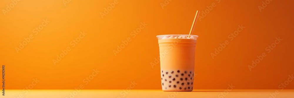 Poster a 3d single icon of a glass of bubble tea with a layer of tapioca pearls at the bottom, rendered in 