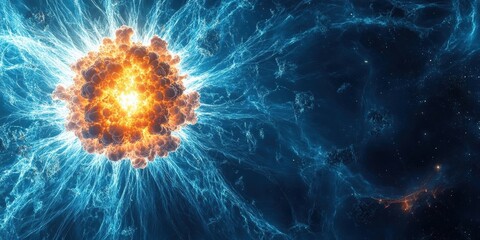 Obraz premium Dynamic explosion of energy in a cosmic space, showcasing vibrant colors and awe-inspiring visual effects of celestial phenomena.